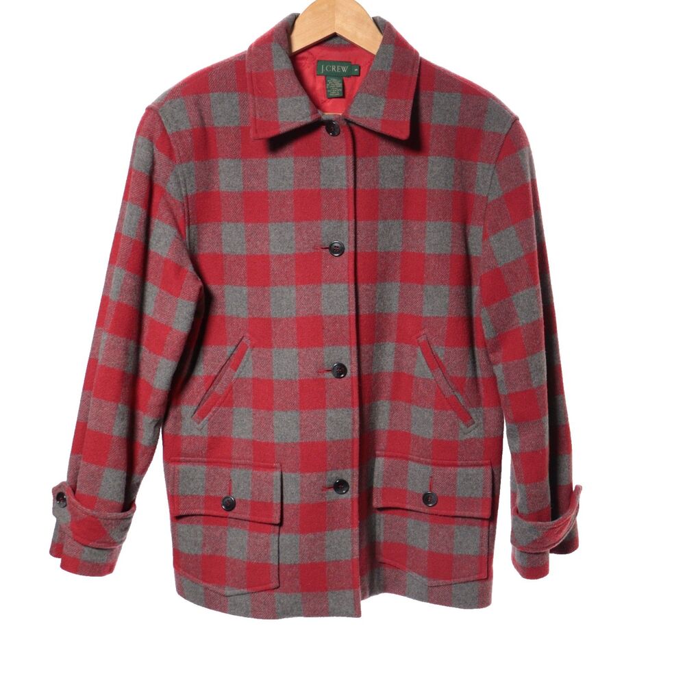 Vtg J Crew Shacket Jacket Car Coat Quilt Lining Red Check Chamois Oversized Sz S